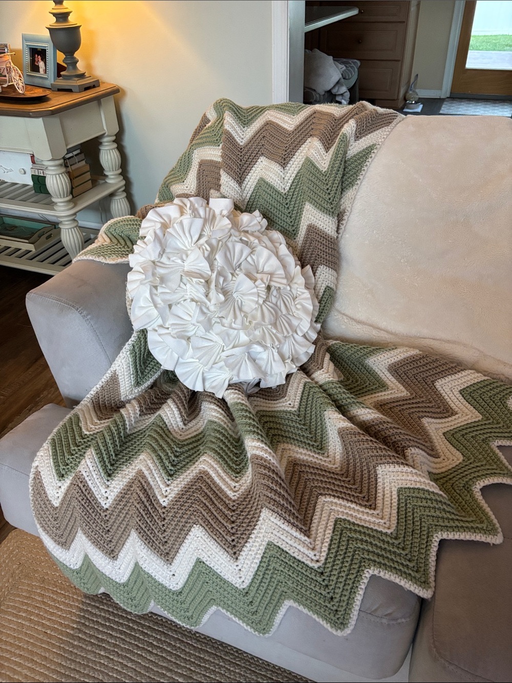 Handmade Chevron Crochet Throw in Sage, Taupe & Cream